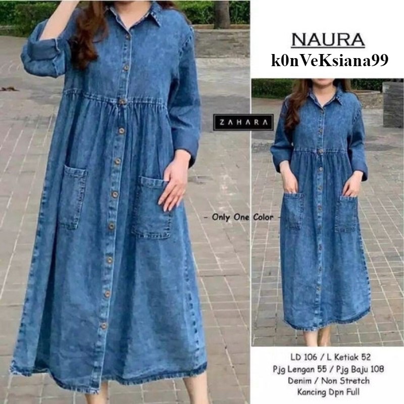 Dress Denim Midi Long Tunik Wanita Jeans Wash