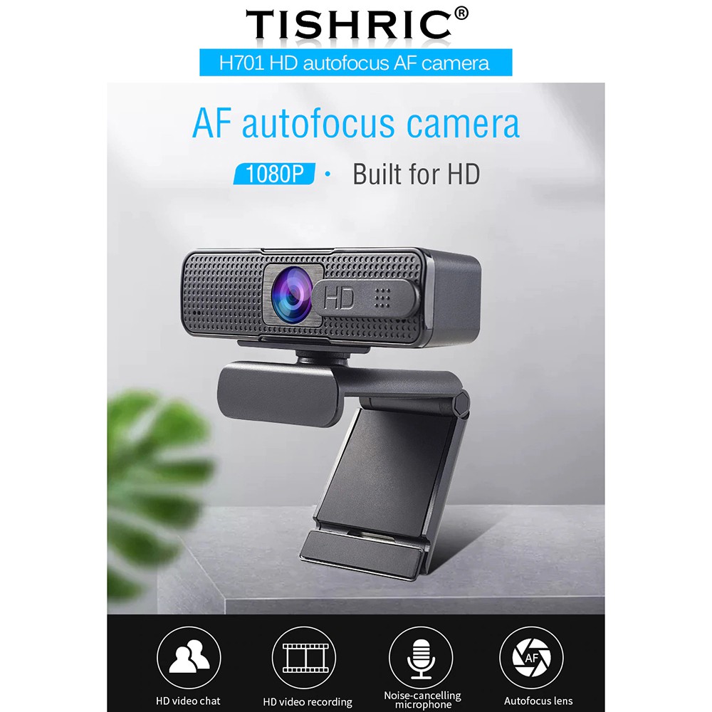 TISHRIC HD Webcam Autofocus Desktop Video Conference 1080P with Microphone - H701 - Black