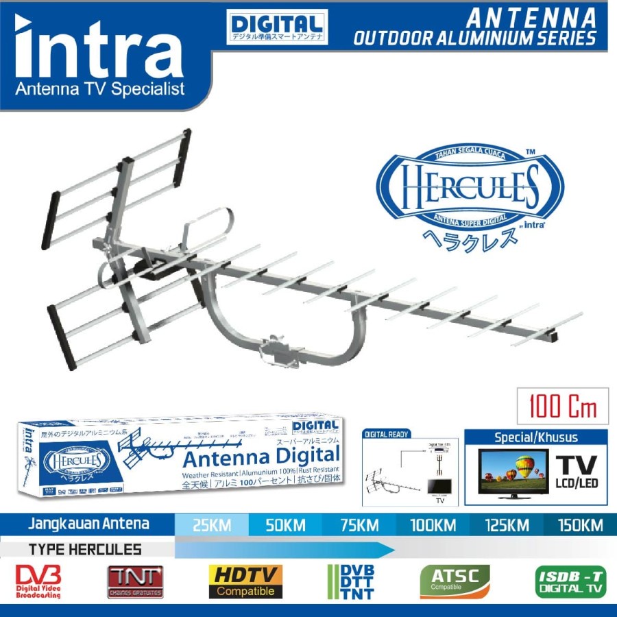 Paket Antena Tv UHF Outdoor INT-Hercules + Booster Luar Dalam Intra INT-909 Free Kabel 13 Meter Original