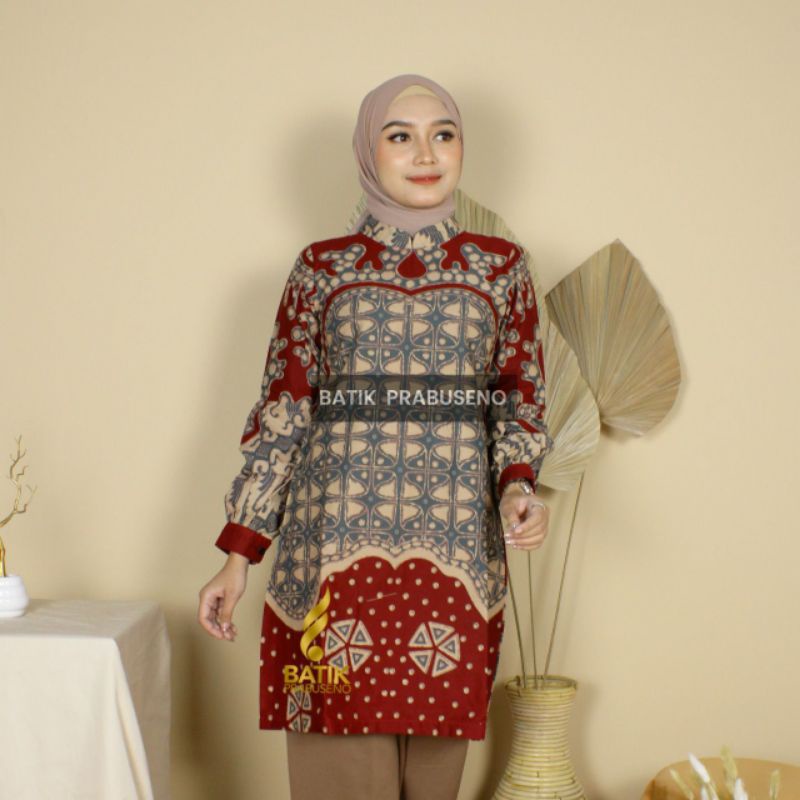 Tunik  Atasan Batik Wanita Prabuseno Veronica Merah  Tunik Batik  Modern Cantik Elegan  Batik Asli S