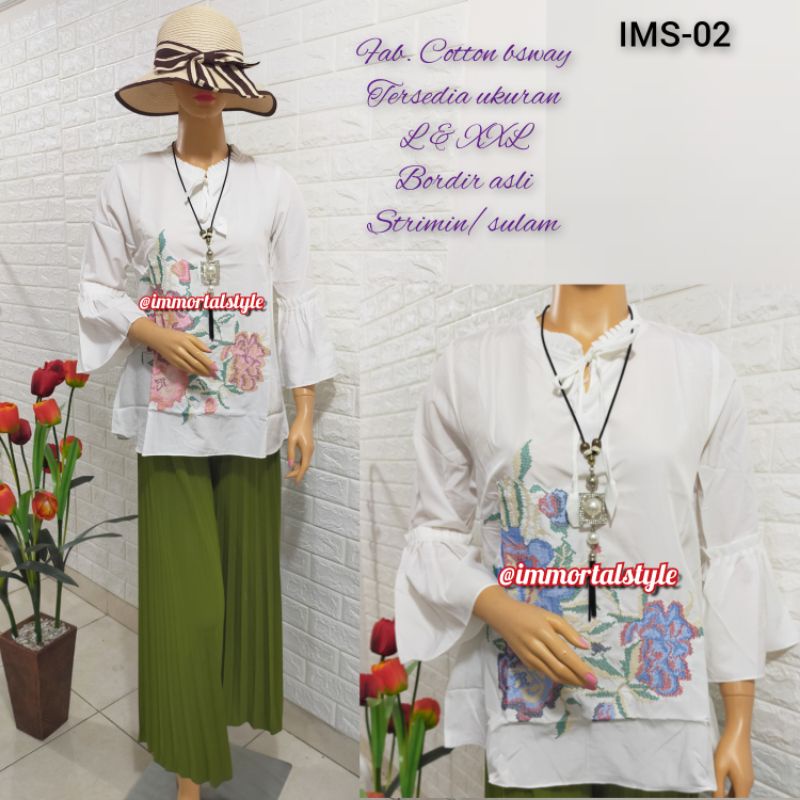 BLOUSE WANITA / PAKAIAN FASHION / ATASAN / SHIRT / BLUS BORDIR BUNGA KATUN PUTIH