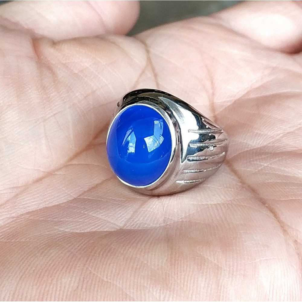 CINCIN BATU AKIK PERMATA NATURAL SPIRTUS BIRU MIZONE CHALCEDONY MINIMALIS