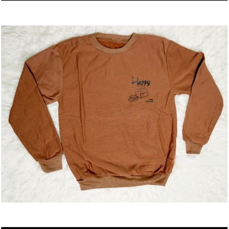 SWEATER HOODIE WANITA CREWNECK HAPPY OVERSIZE-Moca