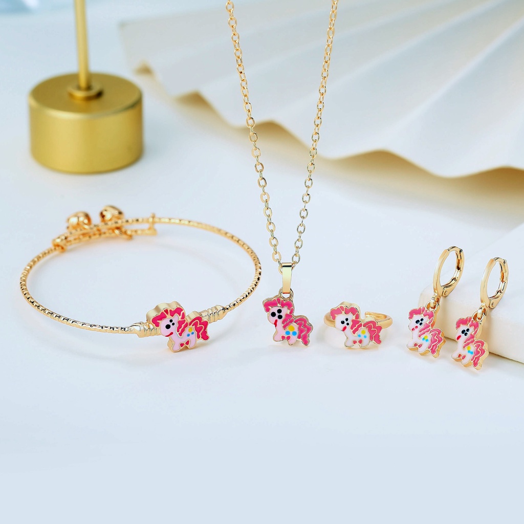 Y042【Pengiriman di tempat】Cincin Anak Anak Perempuan Pony Murah Set Perhiasan Anak Pony Kalung Cincin Anting Gelang Set