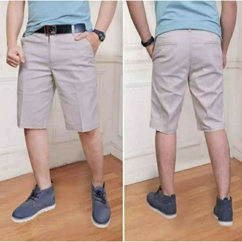 Celana pendek Chino pria bahan stread polos