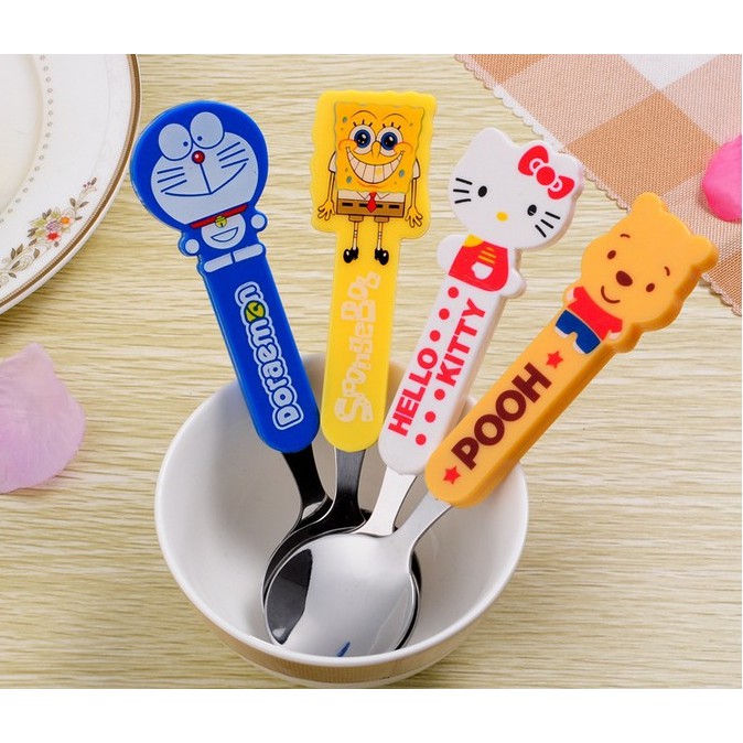 Set SENDOK SUMPIT BOX Karakter Winnie the Pooh Doraemon Hello Kitty Spongebob / Set Makan Anak Lucu