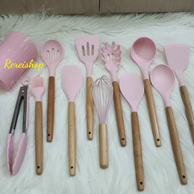 12pcs cooking utensil spatula set with wooden handle /alat masak silikon sutil centong whisk tongs