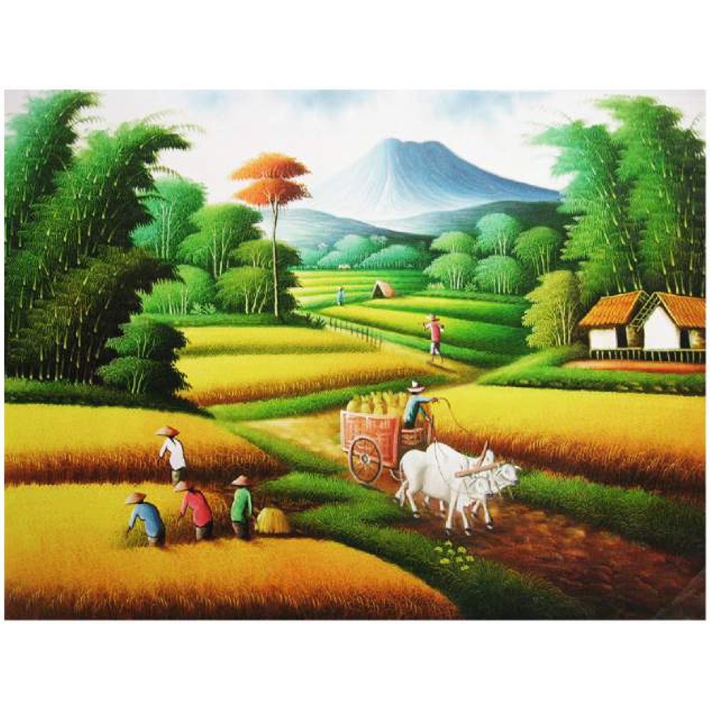 Repro Lukisan Gambar Panen Padi Sawah Harvest Rice Kaya Raya Jaya