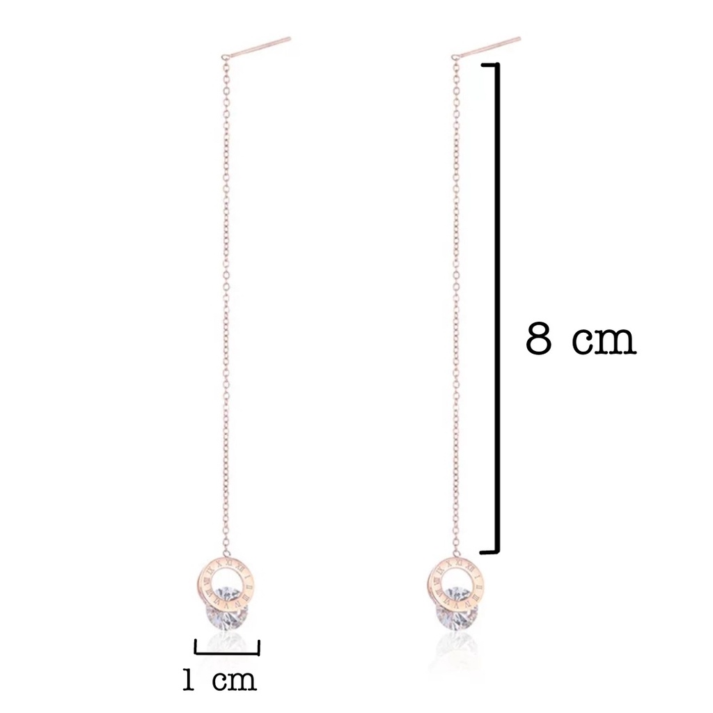 Anting Drop Titanium Rumbai Roman Bulat Angka Romawi Rose Gold, Gold dan Silver