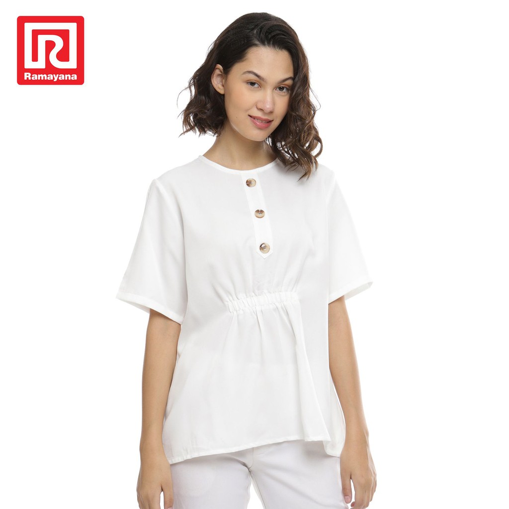 Ramayana - JJ Jeans Blouse Wanita Kancing Kombinasi Kerut S/S B042028 Biru M-putih