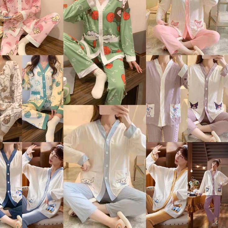 Kekinian Piyama set wanita kancing import Rib onesize lengan panjang