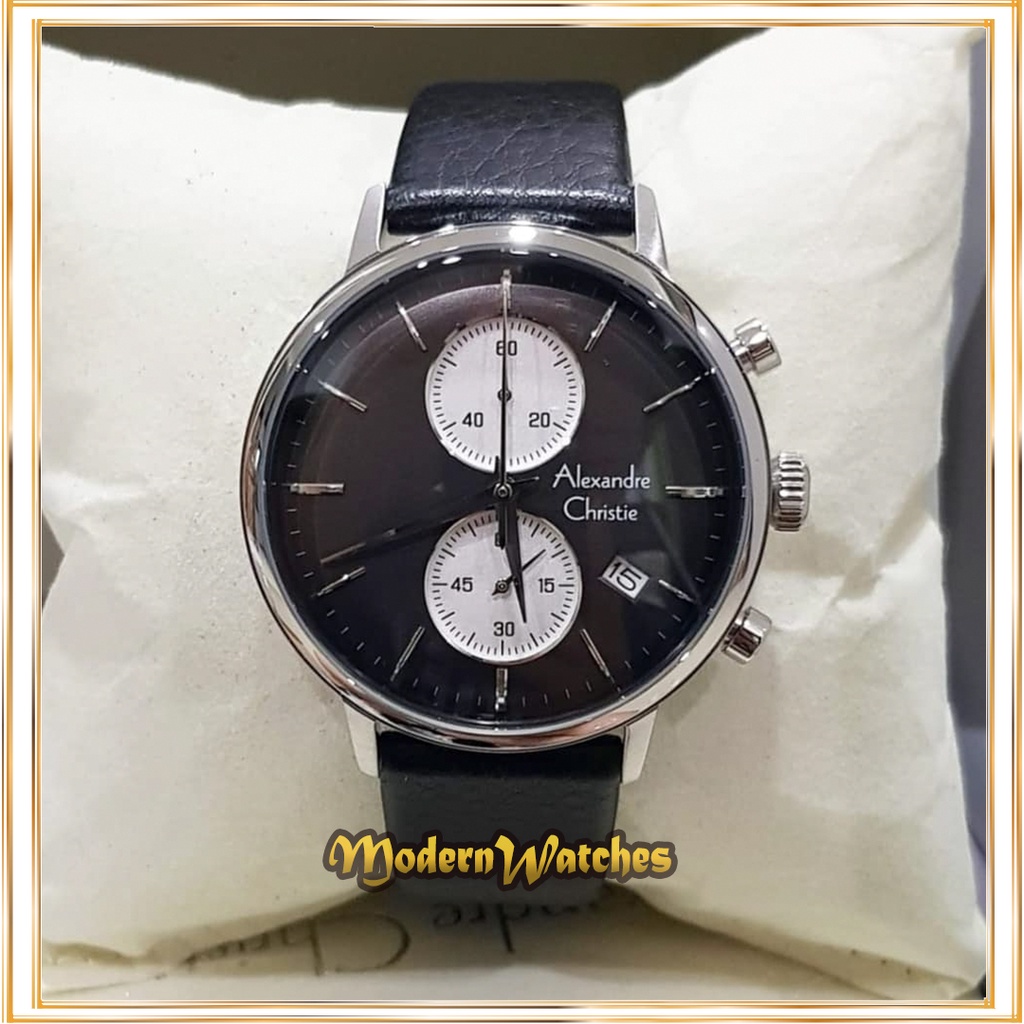 Jam Tangan Ori Pria Tali Kulit Terbaru Alexandre Christie AC 6572 Black White Hitam Putih Silver Asl