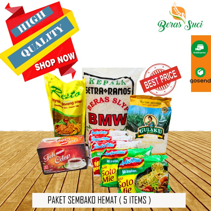 

PAKET SEMBAKO MURAH DAN KOMPLIT 2 (BERAS BMW/ CAP BUNGA/ INDOMIE/GULAKU 1KG/ MINYAK 1L/TEH CELUP)