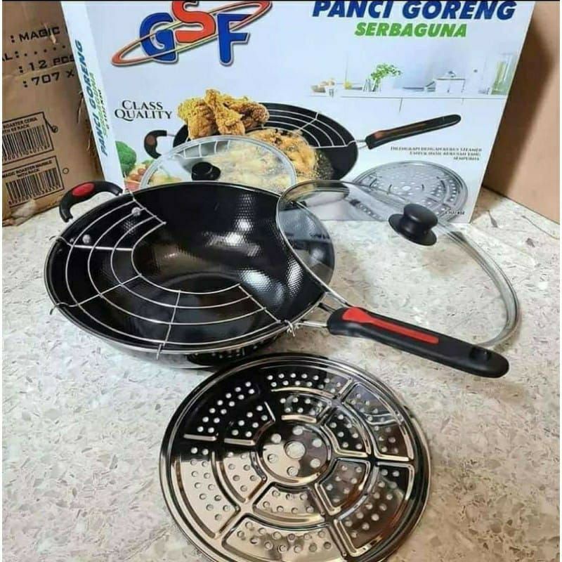 Wajan Goreng Panci GSF Saring Wajan Goreng Anti Lengket Tutup Kaca GSF + Tirisan Minyak + Saringan P
