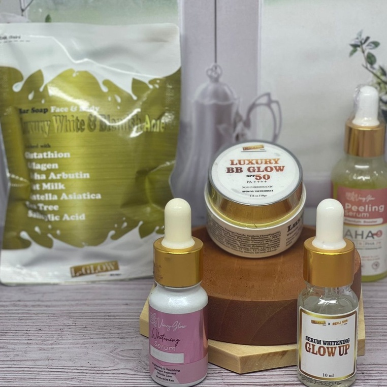 PAKET BB GLOW LUXURY SPF 50+, SERUM PROPOLIS, PEELING SERUM PREMIUM BOOSTER AHA & PAKET BAR SOAP LUX