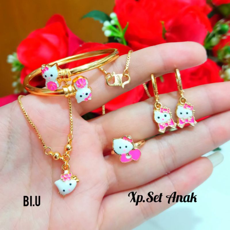 Set perhiasan Anak Karakter Hello Kitty Gold,tidak karat,termurah *COD*