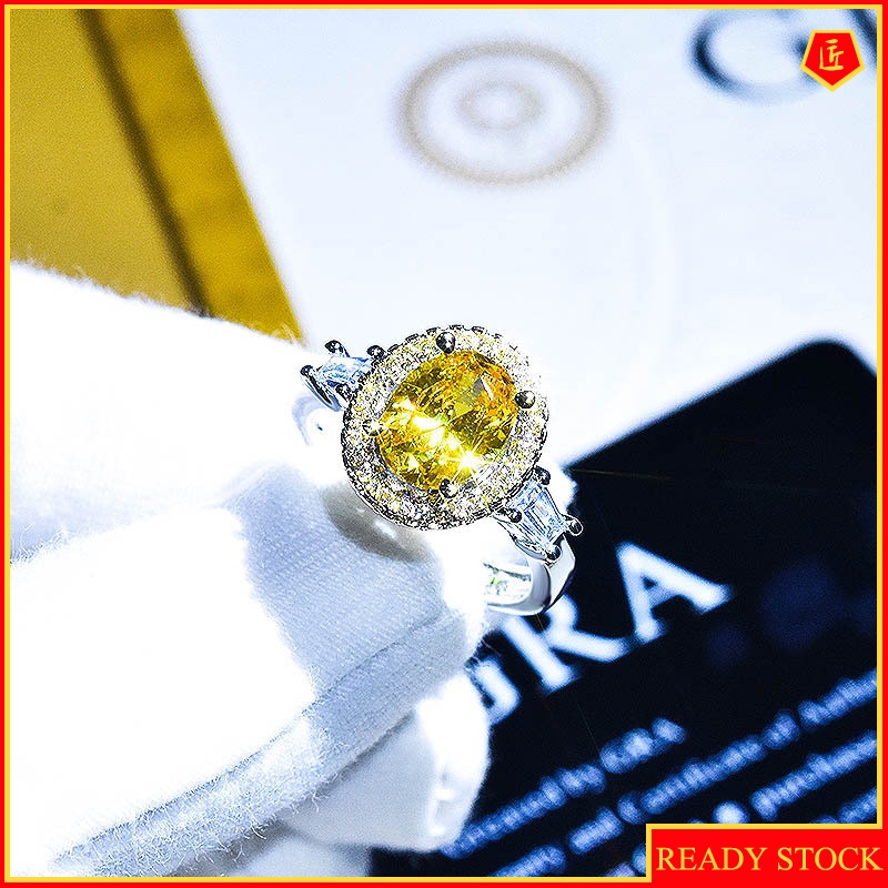 [Ready Stock]Inlaid Oval Yellow Diamond Open Ring