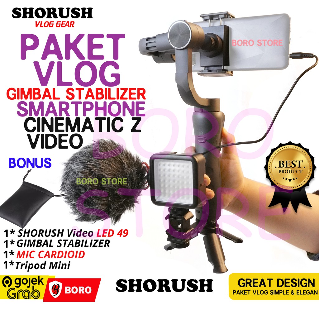 PAKET VLOG ZM Cinematic GIMBAL Stabilizer Shorush Microphone Cardoid LED Lighting Livestreaming HP