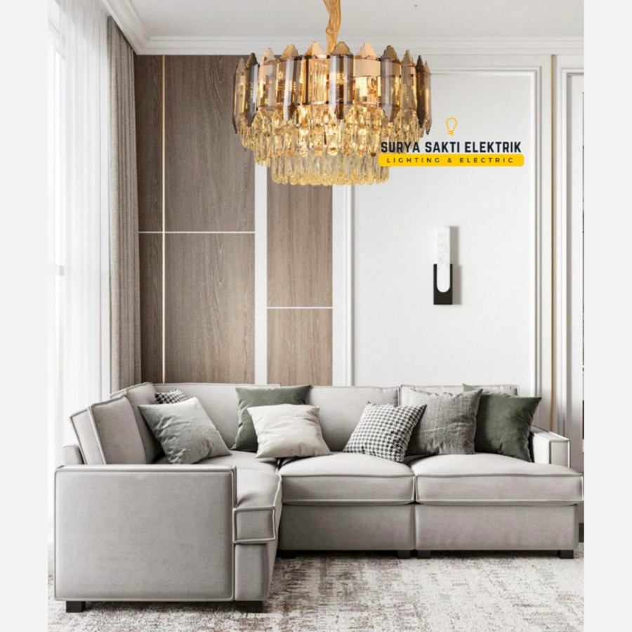 LAMPU HIAS GANTUNG KRISTAL AMBER GOLD MODERN RUANG TAMU