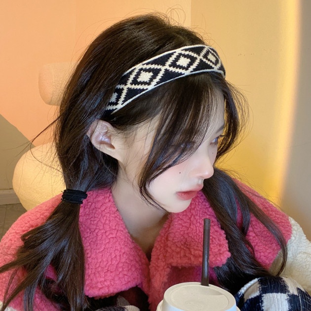 Bando Bandana Korea Wanita / Bando Polos Rajut Motif Kotak Maina