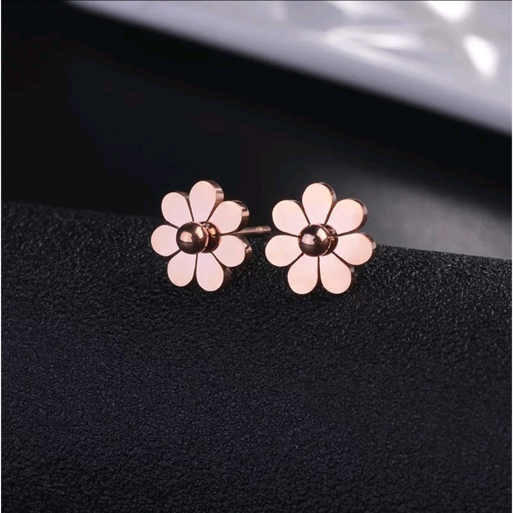 Anting Tusuk Titanium Aksen Bunga  Warna Steel Rose Gold, Gold dan Silver