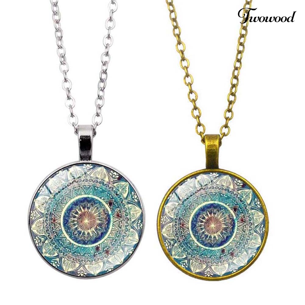 Kalung Rantai Panjang Dengan Liontin Kaca Cabochon Motif Mandala Gaya Vintage Untuk Wanita