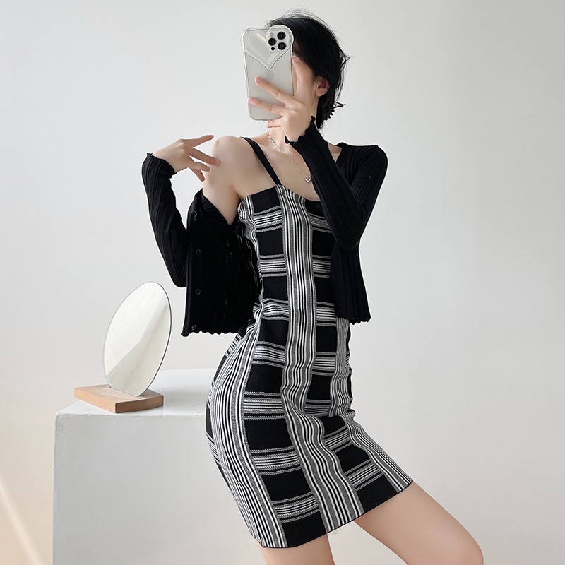 【Elegant】Korean  Checkerboard Plaid Knit Sleeveless Mini Dress 7488