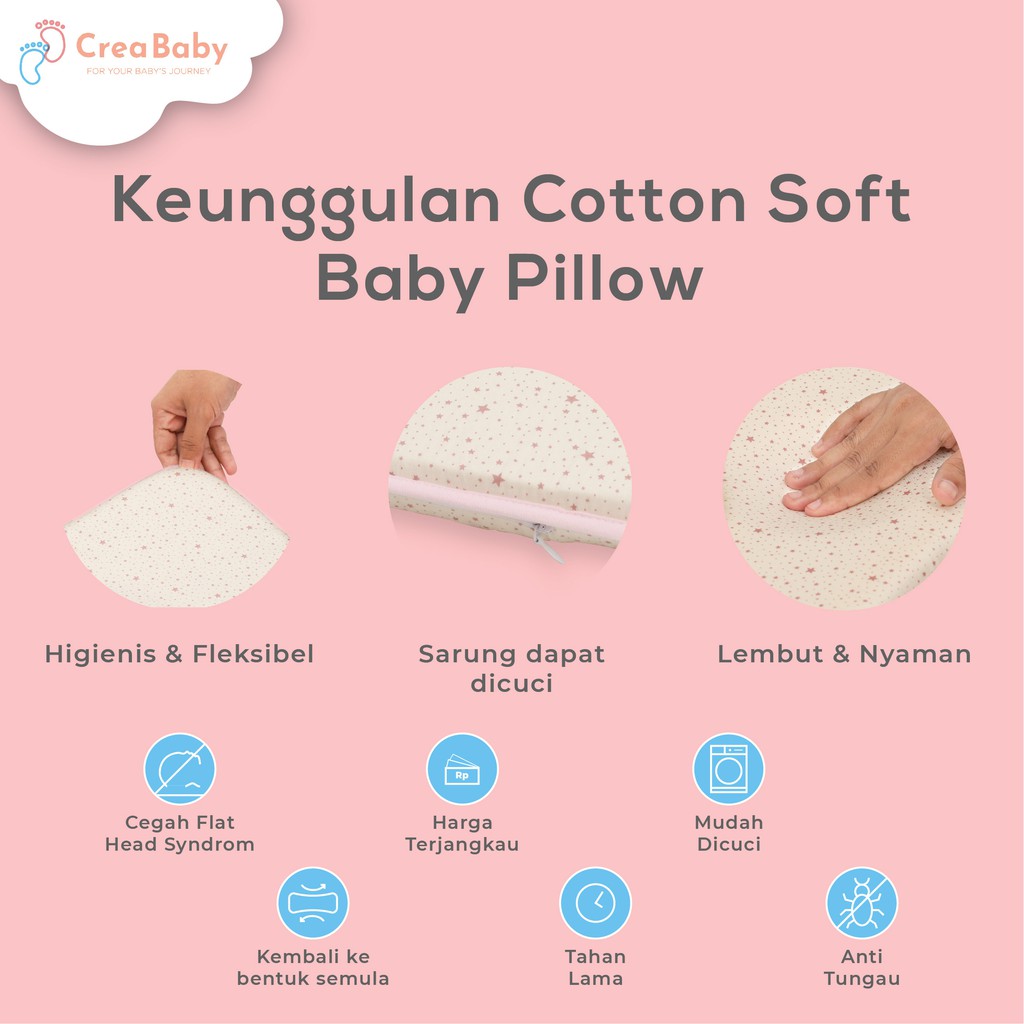 CREA BABY Cotton Soft Memory Foam Baby Pillow | Bantal anti peyang | Bantal tidur bayi