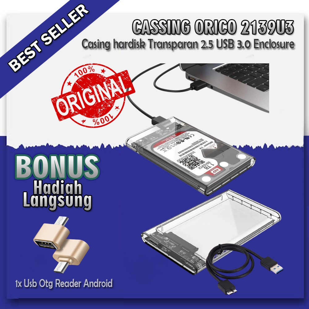 Case HDD Eksternal Casing Orico Transparan Hardisk Enclosure 2.5 Inch USB 3.0 - FREE HOT BONUS