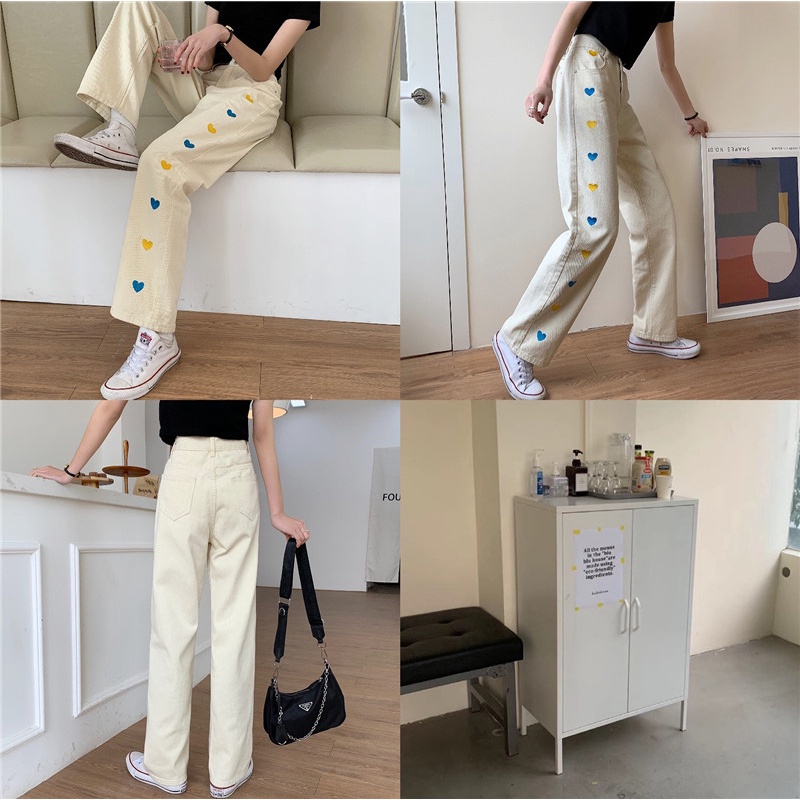 korea style celana jeans highwaist wanita heart embroidery boyfriend pants