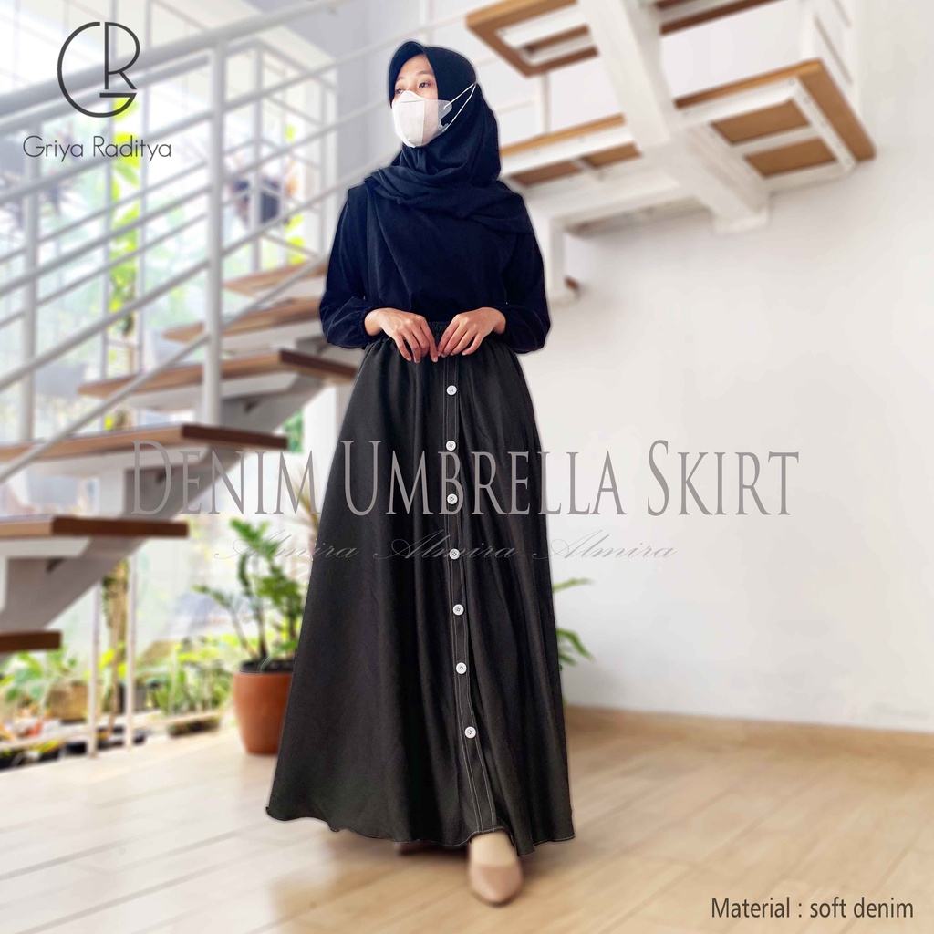 Rok Panjang Wanita Payung Muslimah Jeans Button Umbrella Skirt Chambray Soft Denim Griyaraditya