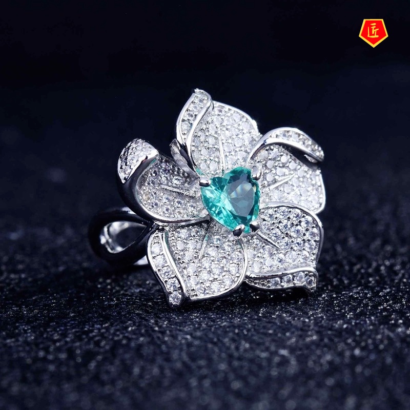 [Ready Stock]Jewelry Flower Set Colored Gems Necklace Open Ring for Women