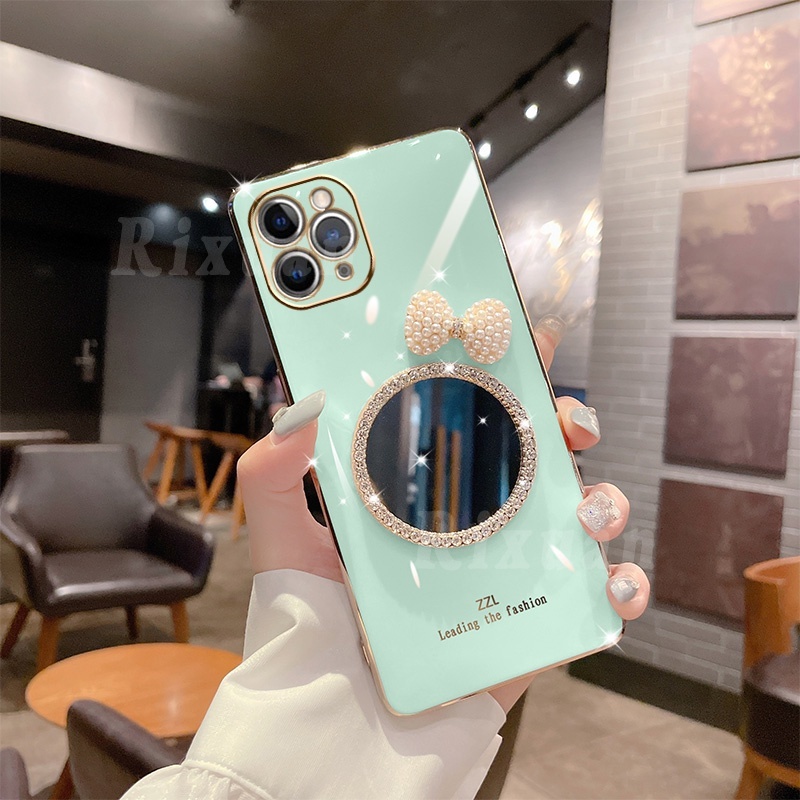 Casing Soft Case Silikon Aksen Mutiara + Pita Untuk Iphone 13 Pro Max 12 Pro 11 Xr Xs