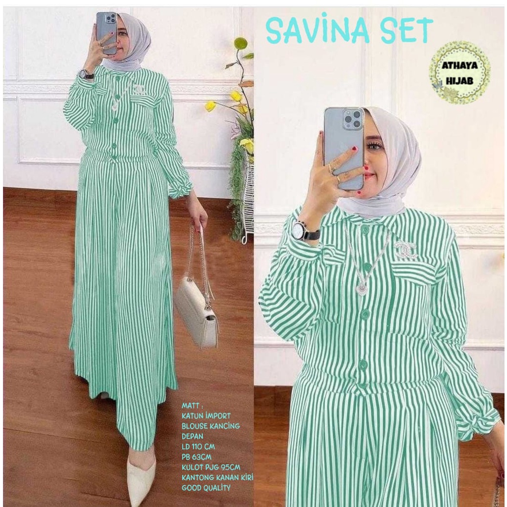 (NEW) Savina Set/Setelan Atasan Top Kemeja Blus Dan Bawahan Kulot Katun Import Jumbo Motif Salur/Pak