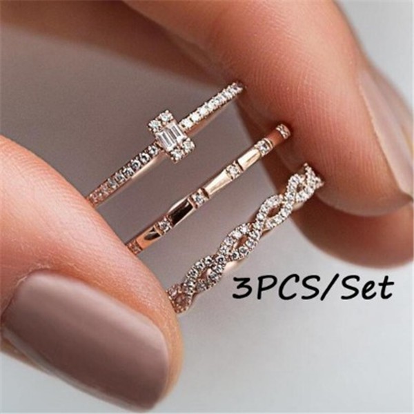 3pcs / Set Cincin Kristal Cubic Zirconia Tipis Stackable Untuk Pernikahan