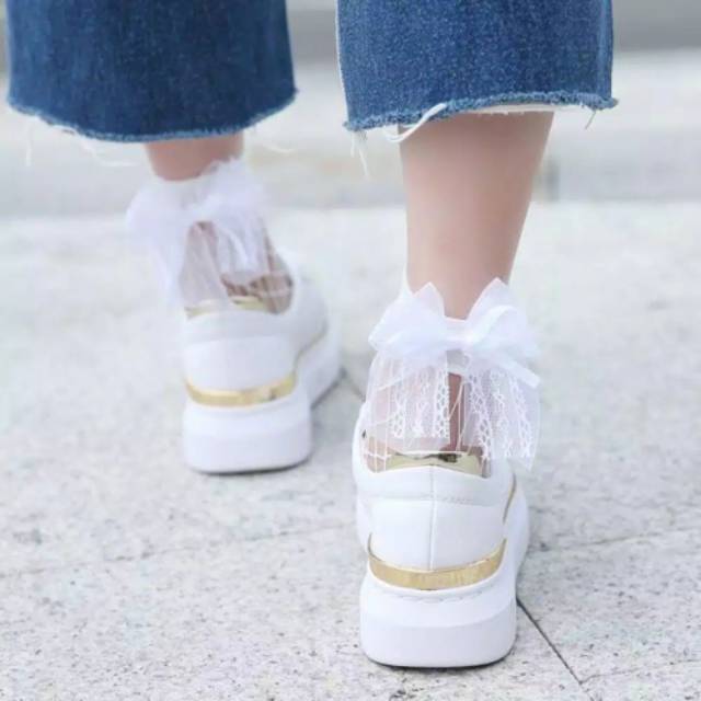 Kaos kaki ankle bahan lace mesh dengan pita import