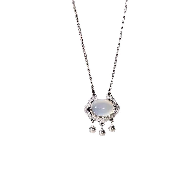 Ping'an Kalung Perempuan sterling silver Ruyi Bell Moonstone chalcedony Kunci Panjang Umur Liontin Hadiah Hari Dewi Untuk Ibu.