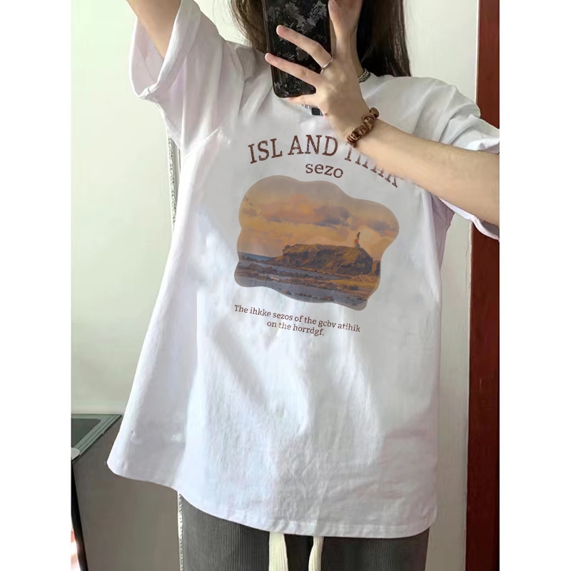 EUNII T-shirt Lengan Pendek Lanskap Pencetakan Longgar Korean Style /Kaos Atasan Wanita/Baju Kaus Oversize Wanita