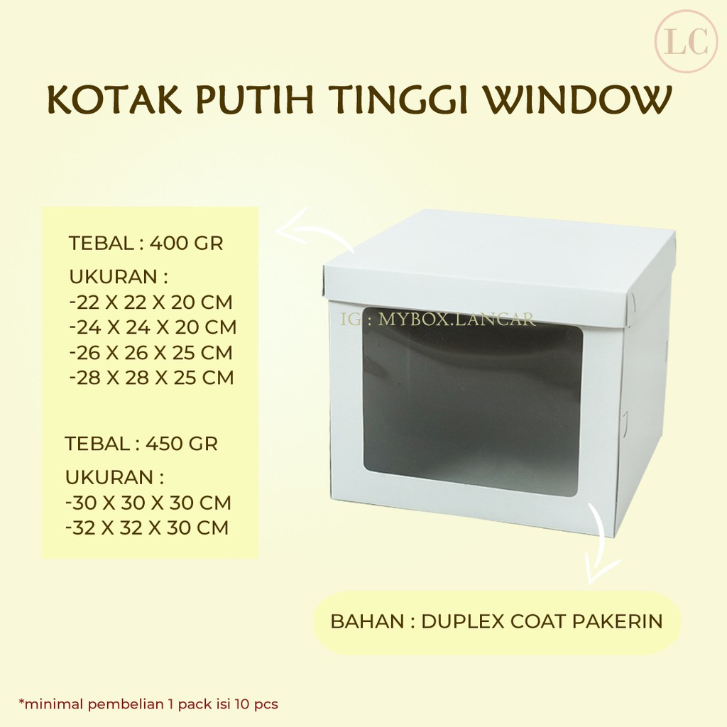 

(MIN 5 LEMBAR) BOX TART PUTIH TINGGI 32 X 32 X 30 CM, DUS TART KOTAK PUTIH TINGGI WINDOW , KEMASAN TAR