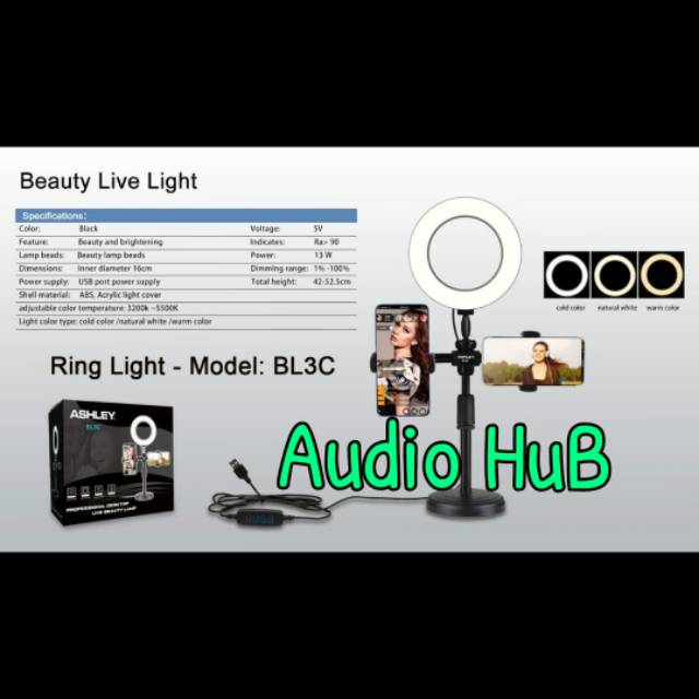 RING LIGHT ASHLEY BL3C STAND LAMPU ORI LED LIVE BEAUTY BL 3C BL3 C