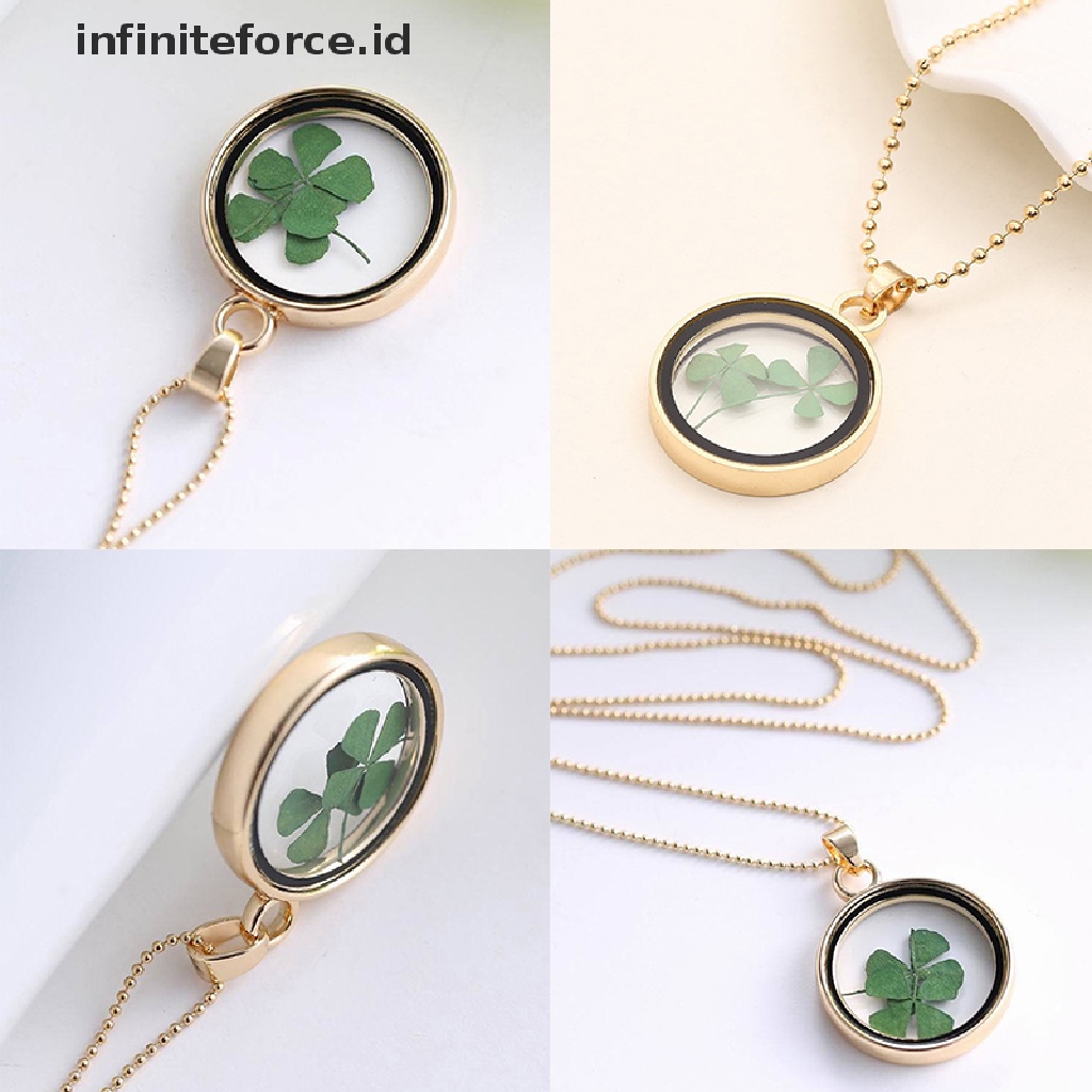 Kalung Liontin Bunga Clover Kering Alami Bahan Resin