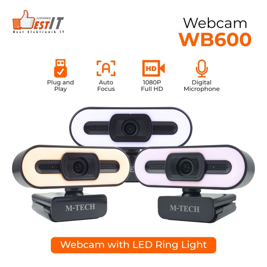 Webcam Mtech WB600 Camera 1080P Full HD LED Ring Light Autofocus