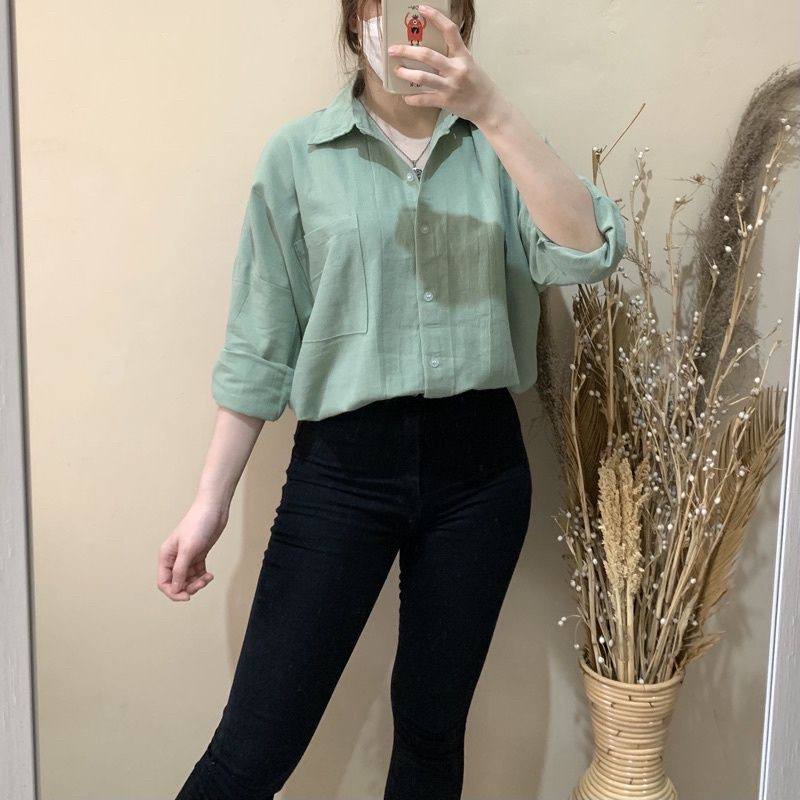 Kemeja linen oversize polos olivia shirt