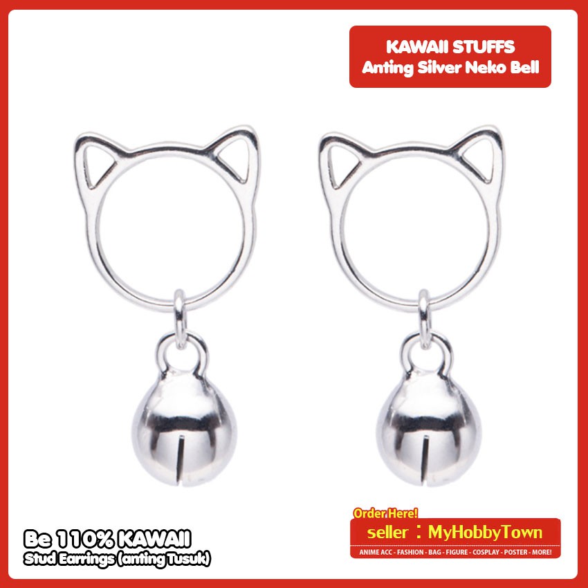 Anting Silver Neko Cat Kucing Bell Lonceng Lucu Kawaii Terlaris