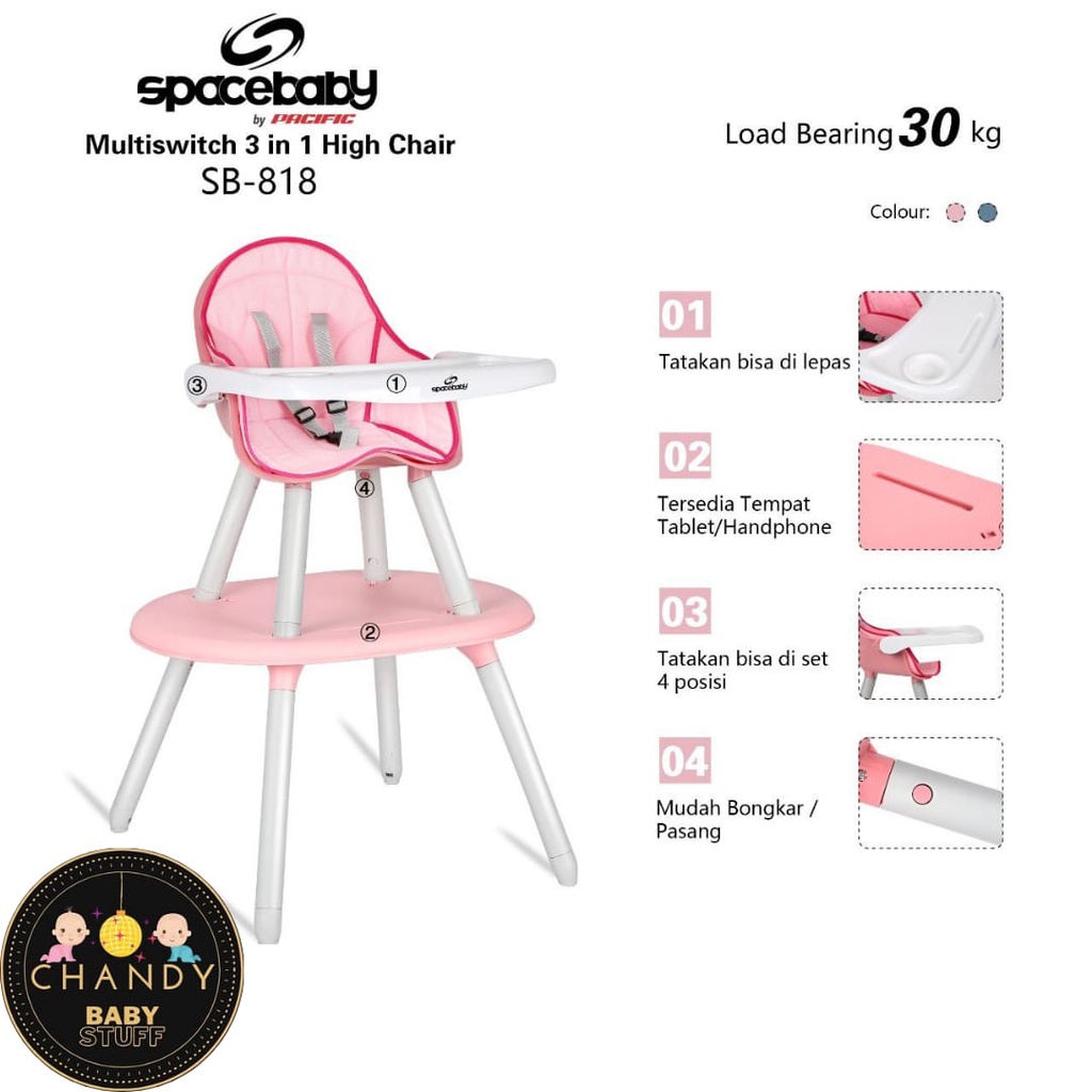 KURSI MAKAN BAYI HIGH CHAIR SPACE BABY MULTI SWITCH 3IN1 SB 818