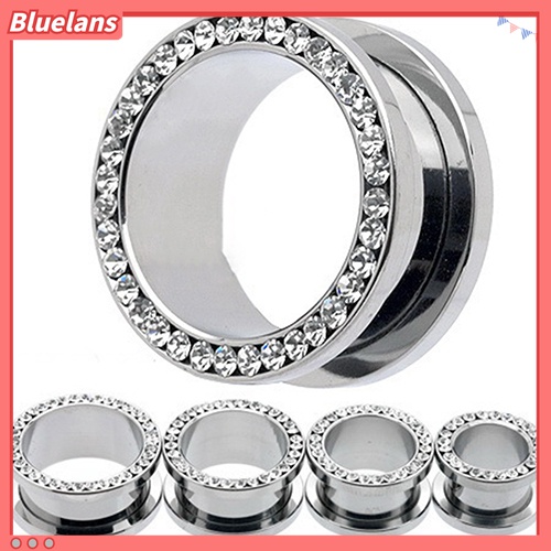 Bluelans 1 Pasang Ear Plug Tunnels Bahan Stainless Steel Aksen Berlian Imitasi