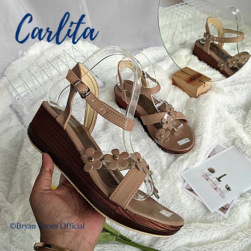 Bryan Carlita Sandal Wedges 5cm Mika Tali Bunga Syantik Sendal Flower Mocca Black Sintetis Dove