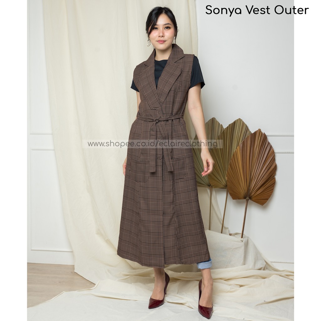 [Auclaire] SONYA VEST LONG OUTER LUARAN TERUSAN HIJAB PANJANG SEMI FORMAL CASUAL TARTAN KOTAK PLAID