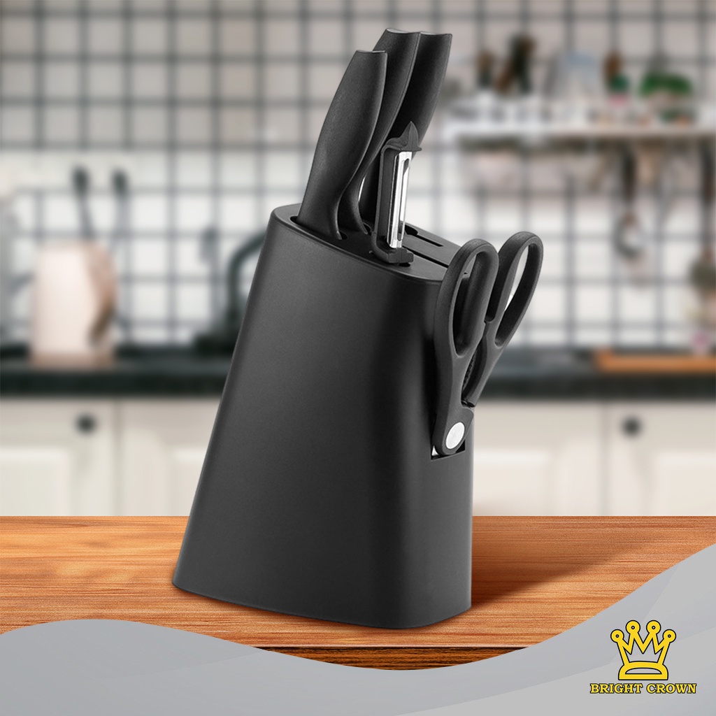 Bright Crown Pisau Dapur Set 6 in 1 / Kitchen Knife Set 6 in 1 Dengan Wadah Berkualitas-A-Pisau Set Hitam