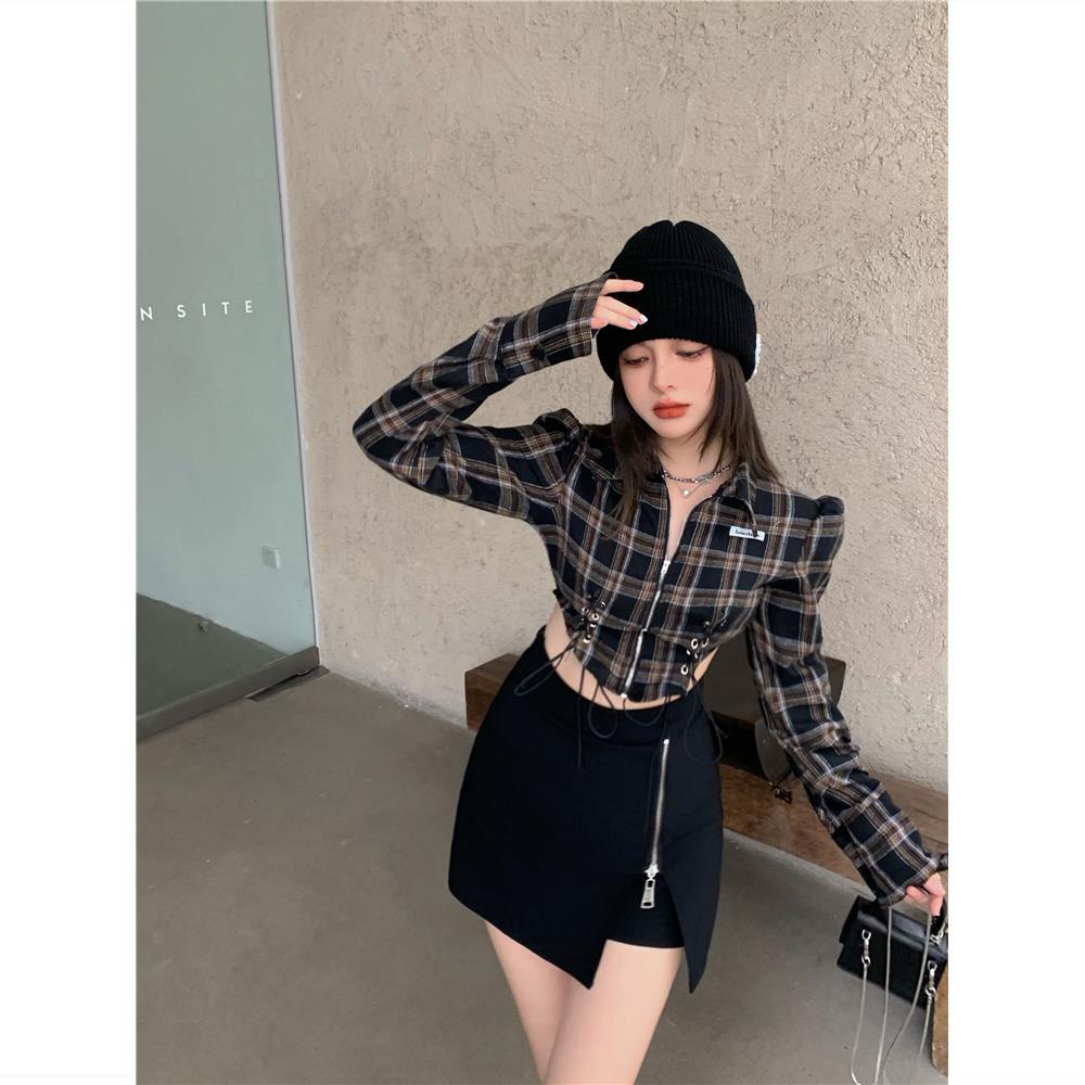 kaos wanita korean style short POLO collar plaid long-sleeved top tunic T-shirt women